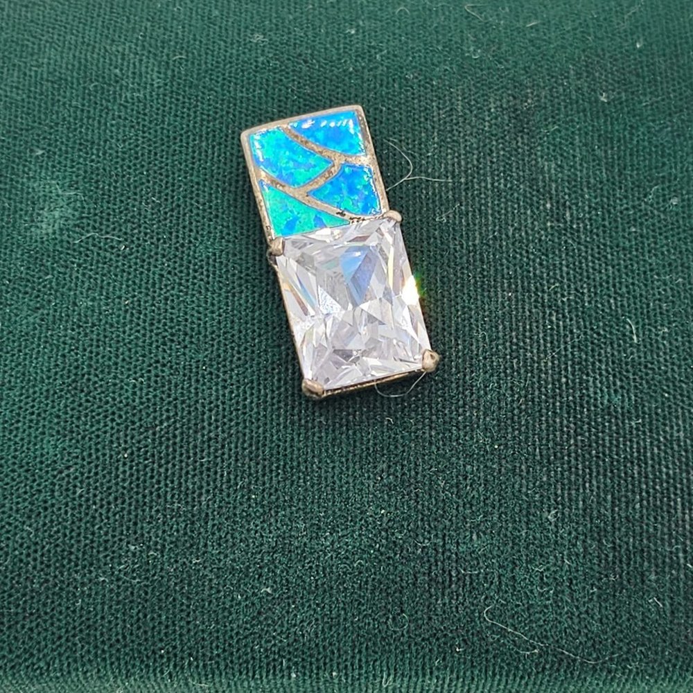 HUGE Faceted Rhinestone Blue Opal Inlaid Rectangle 925 Silver Pendant